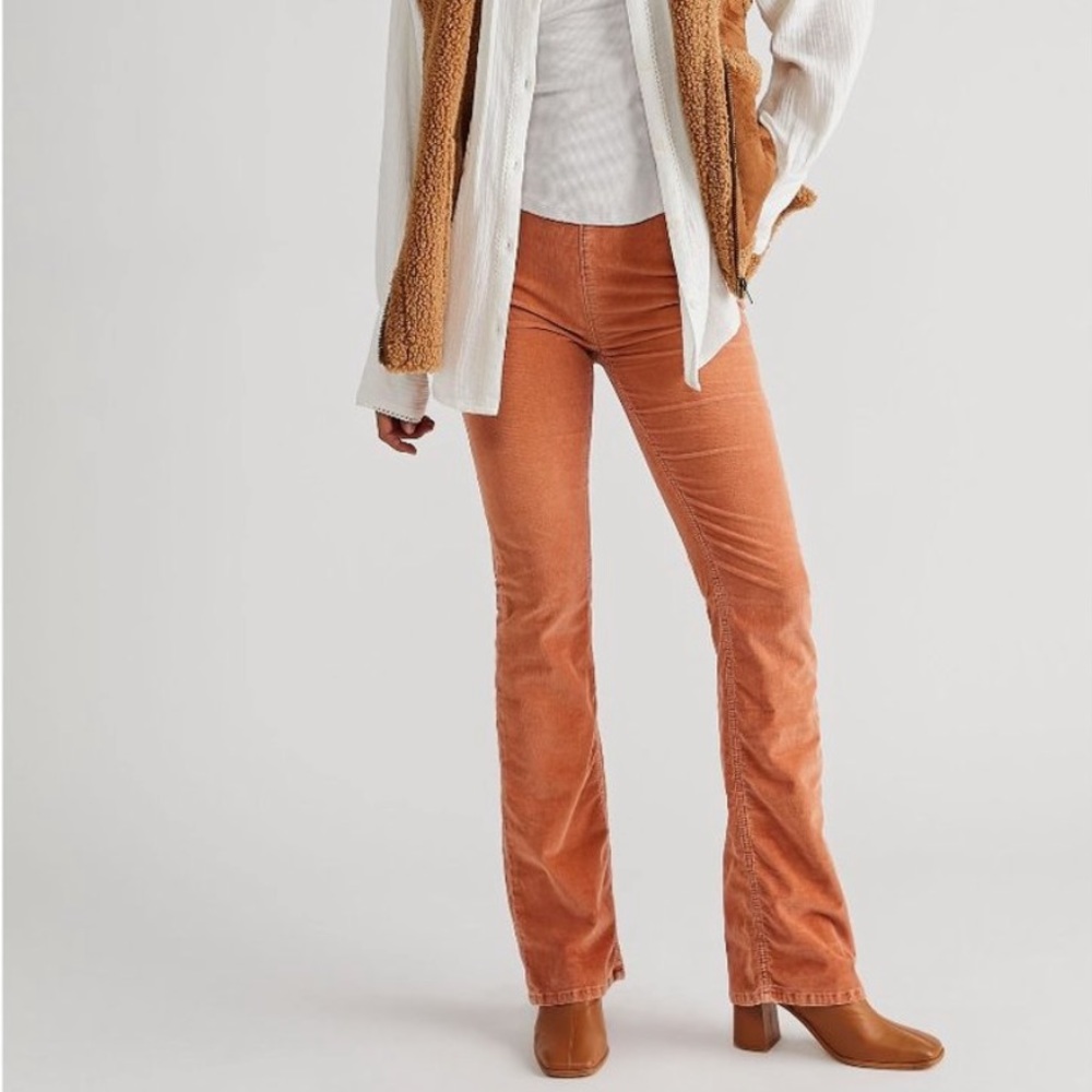 Free People Jenny High Rise Slim Cord Flare Jean in Cognac Brown